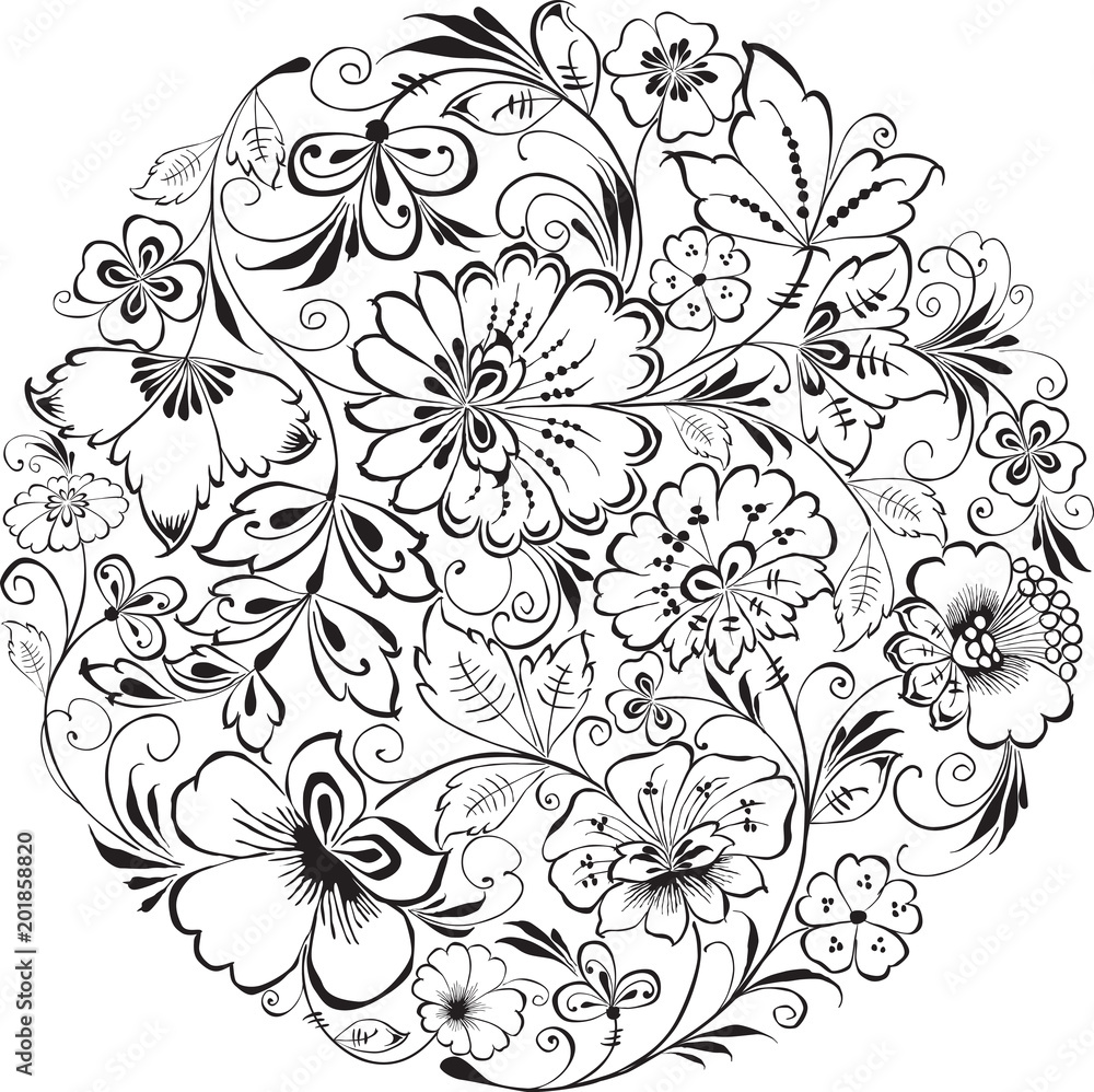 The round composition of the decorative drawn flowers The round composition of the decorative drawn flowers