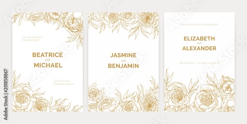 Bundle of gorgeous floral wedding party invitation templates with Provence roses hand drawn with contour lines on white background and place for text. Realistic vector illustration in vintage style.