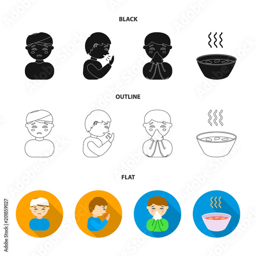 A man with a bandaged head, a man coughing, a man snorts a snot, a bowl, a bowl of hot broth into a handkerchief. Sick set collection icons in black,flat,outline style vector symbol stock illustration