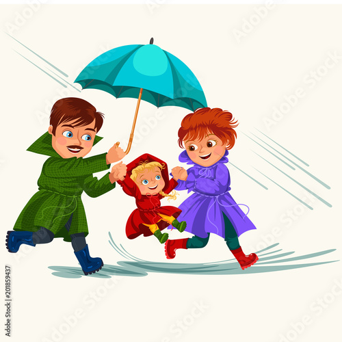 family husband and wife walking rain with umbrella in hands, raindrops dripping into puddles, dad and mom holding baby by hand, couple in love under raining clouds vector illustration
