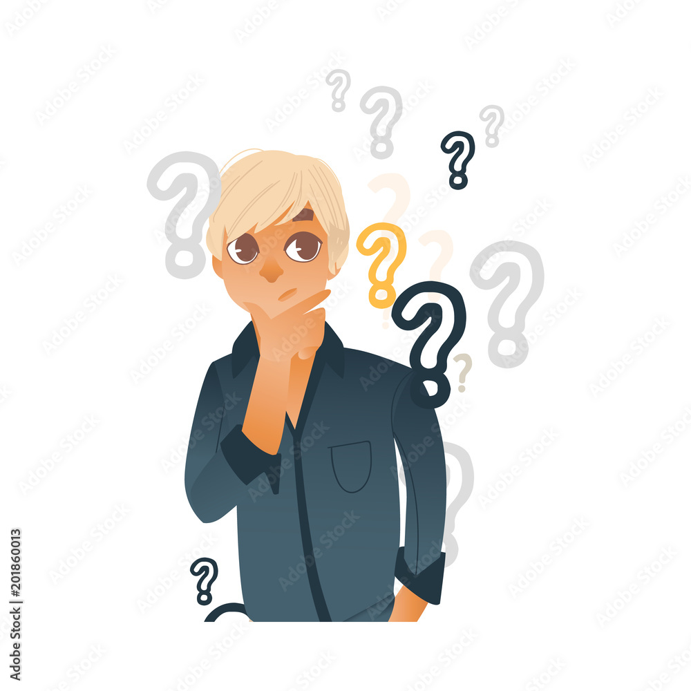 Young blonde hair man in casual clothing standing in thoughtful curious pose holding his chin thinking with questions above head. Isolated vector illustration, portrait in cartoon style Young blonde hair man in casual clothing standing in thoughtful curious pose holding his chin thinking with questions above head. Isolated vector illustration, portrait in cartoon style