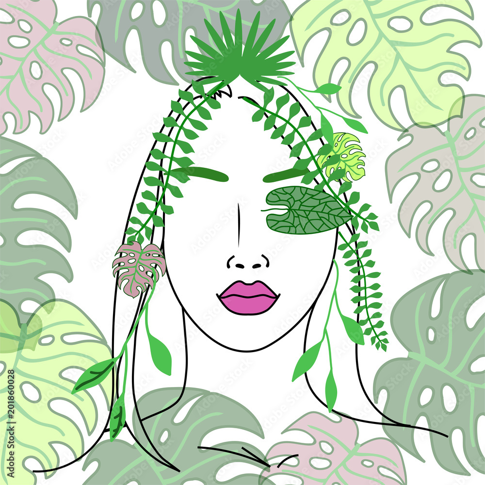 ropical girl with leaves and flowers in her hair on a white background