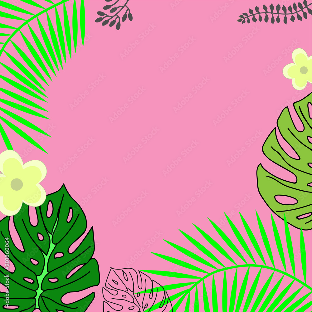 Set of palm leaves silhouettes isolated on the pink background.