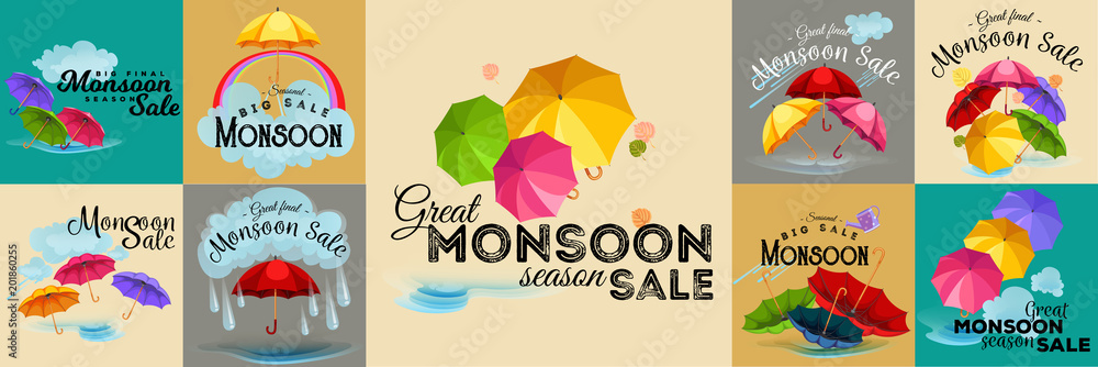 Sale banner, poster for Monsoon season raining drops, colorful umbrella in sky with text space background, wet weather template special offer Vector illustration.