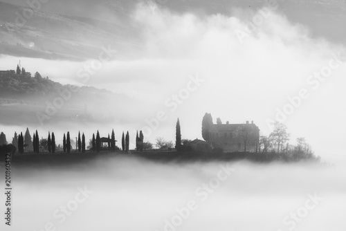 Beautiful foggy sunrise in Tuscany, Italy with cypresses and house. Natural misty background in black and white © Roxana