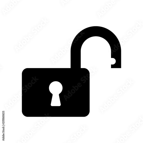 Black silhouette of a padlock unlocked, isolated vector object.