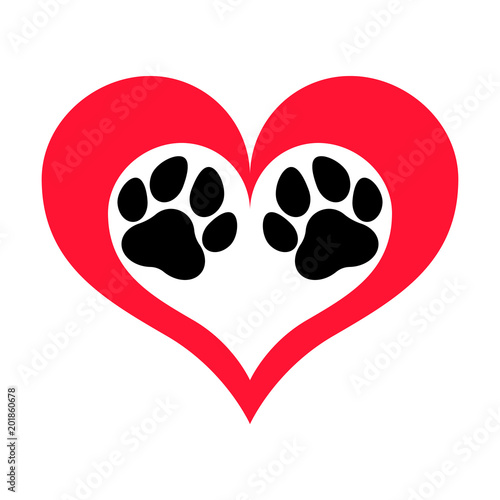 Red heart silhouette with two symmetrical pawprints in a frame on it. Isolated vector object.