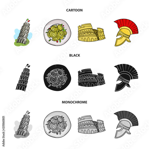 Pisa tower, pasta, coliseum, Legionnaire helmet.Italy country set collection icons in cartoon,black,monochrome style vector symbol stock illustration web.