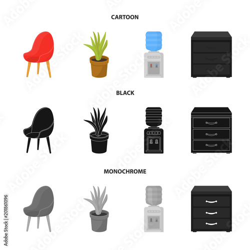 A red chair with a comfortable back, an aloe flower in a pot, an apparatus with clean water, a cabinet for office papers. Office Furniture set collection icons in cartoon,black,monochrome style vector