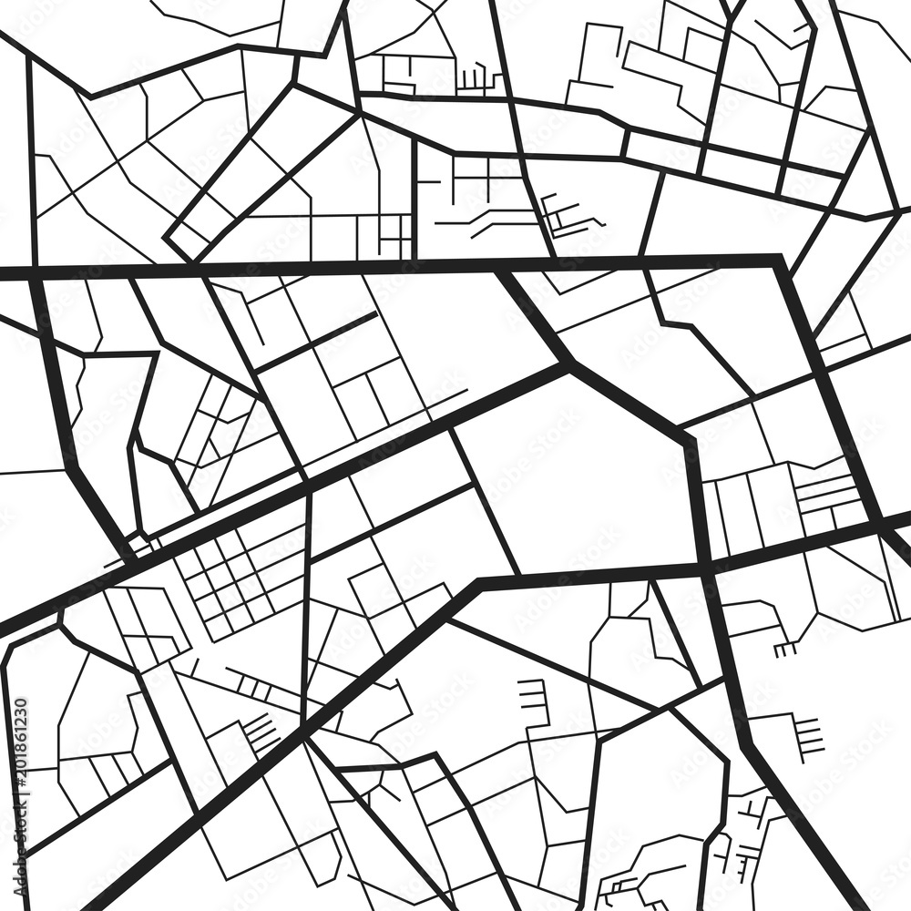 Fototapeta premium FMap of the city, locality. Black scheme on a white background. GPS navigation, along the road and streets. Flat vector cartoon illustration. Objects isolated on white background.