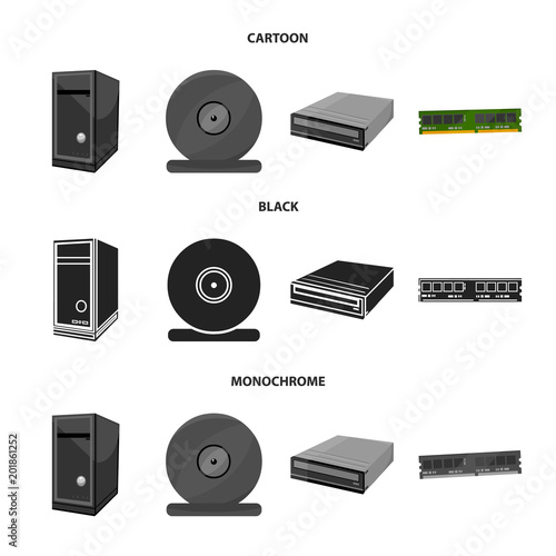 System unit, memory card and other equipment. Personal computer set collection icons in cartoon,black,monochrome style vector symbol stock illustration web.
