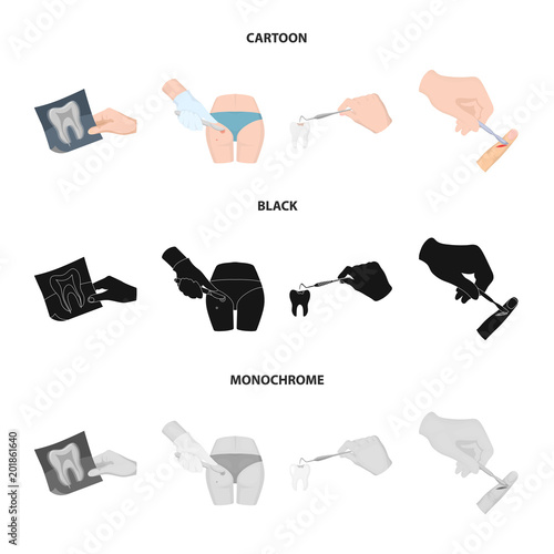 Tooth, X-ray, instrument, dentist and other web icon in cartoon,black,monochrome style.surgeon, abscess, scalpel icons in set collection.