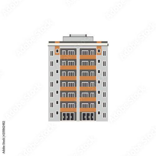 City multistorey house front view with balconies, windows and doors in flat style isolated on white background. Modern high-rise building exterior - for real estate agency concept. Vector illustration