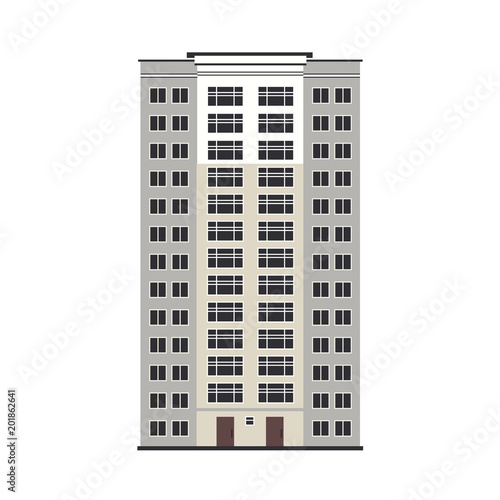 City multistorey house exterior front view - apartment or office building with balconies  windows and doors in flat style isolated on white background. Vector illustration