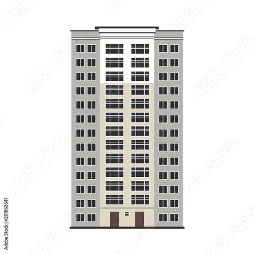 City multistorey house exterior front view - apartment or office building with balconies, windows and doors in flat style isolated on white background. Vector illustration