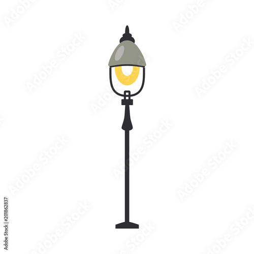 Street lantern with one lamp turned on in flat design isolated on white background. Black vertical standing lamppost with light - outdoors stationary streetlight structure. Vector illustration.
