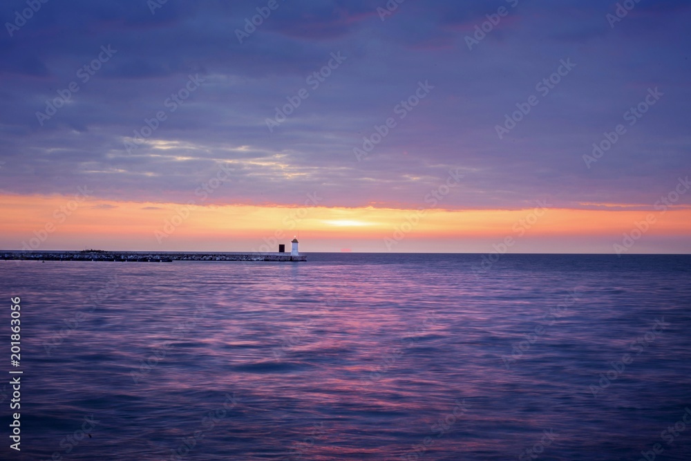 Sunset lighthouse sea sky clouds beach landscape spring sun