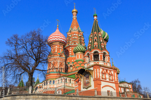 The bell tower and dome of St. Basil s Cathedral on a sunny morning. Spring in Moscow