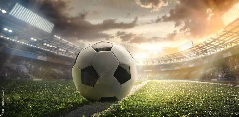 Sport. Soccer ball on stadium. Football poster. - obrazy, fototapety, plakaty 