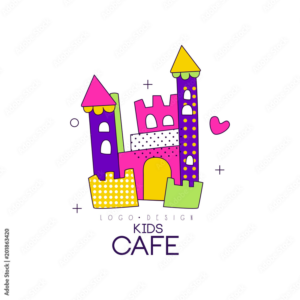 Kids cafe logo design, badge with colorful castle, label for childrens and baby food vector Illustration on a white background