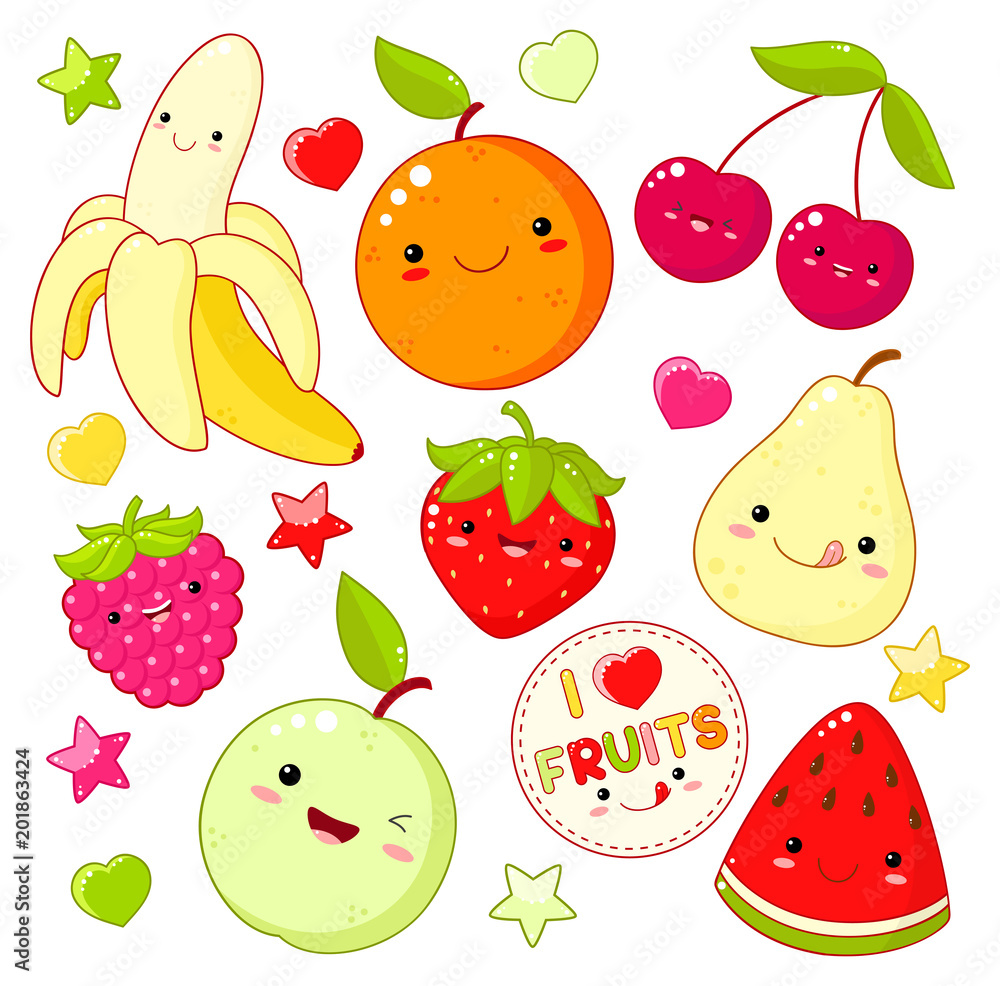 Set of cute sweet fruit icons in kawaii style Set of cute sweet fruit icons in kawaii style