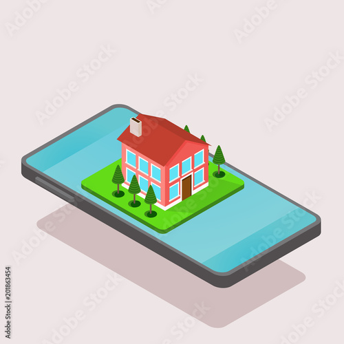 Purchase, sale and rent of private and commercial real estate using a mobile application for a smartphone or mobile device. Online commerce. Isometric house and smartphone. Flat vector illustration.