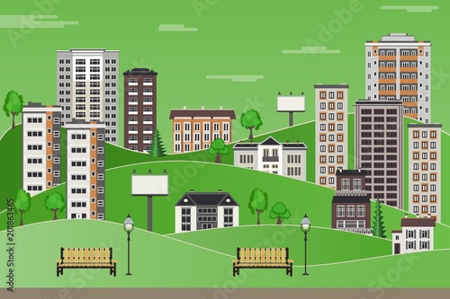 Green paper city landscape with high-rise apartment houses and office buildings, trees and benches in public park on sky background with clouds. Flat colorful city skyline. Vector illustration.