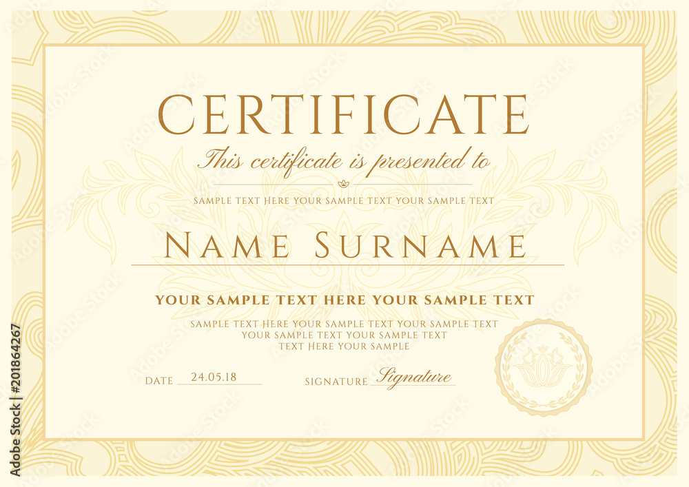 Certificate, Diploma of completion (design template, white background) with Frame, Border, light floral abstract lines (pattern, watermark)
Certificate, Diploma of completion (design template, white background) with Frame, Border, light floral abstract lines (pattern, watermark)