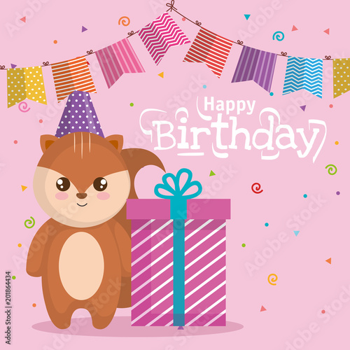 happy birthday card with chipmunk vector illustration design