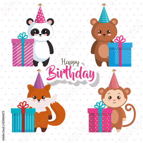 happy birthday card with group of animals vector illustration design
