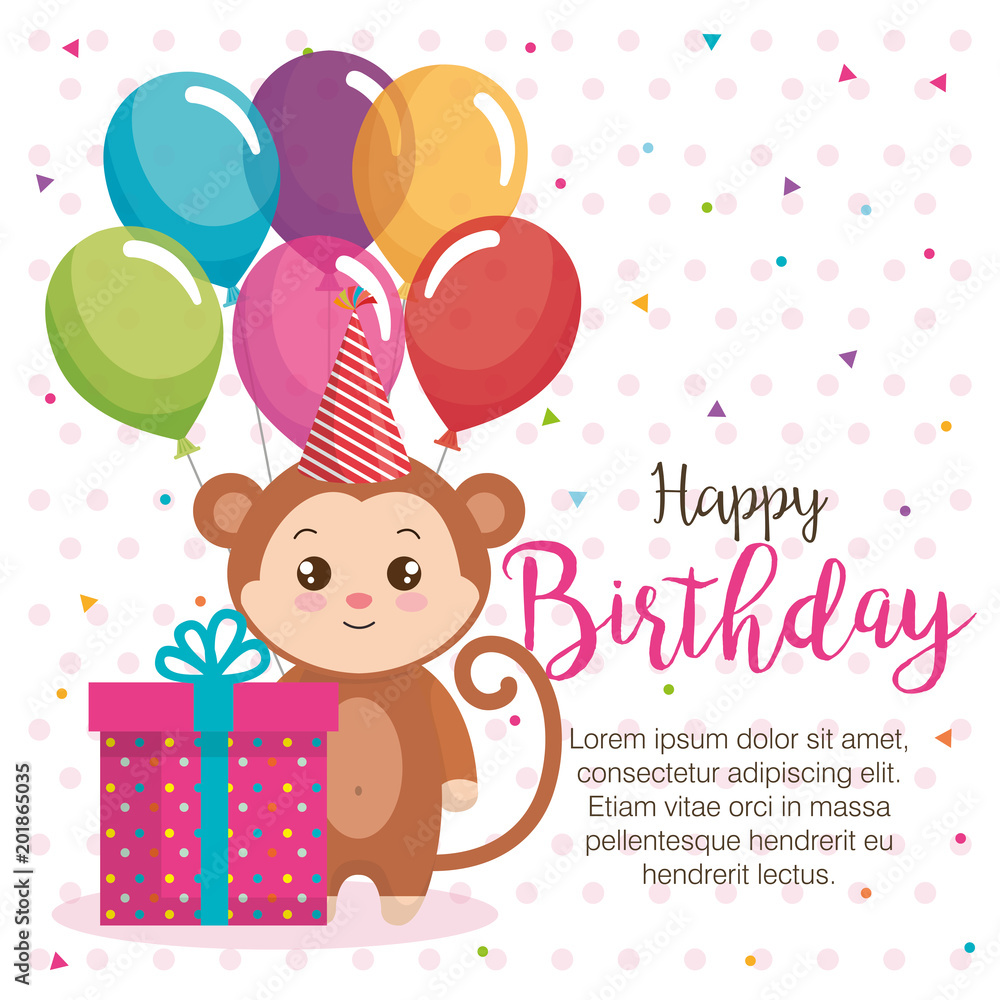 happy birthday card with monkey vector illustration design