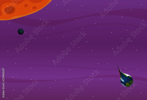 The universe, the infinite space, in cartoon style with planets like Mars, earth and moon as well as galaxies and stars