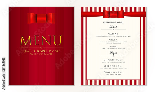 Design Restaurant Menu template with red bow (ribbon) and strips. Elegant luxe cover useful for Cafe Menu, Restaurant Menu, brochure, wedding invitation design