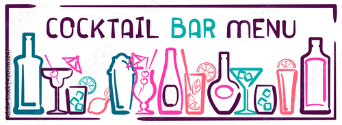 Cocktail bar menu banner with bottles, glasses and inscription. Contour style vector illustration