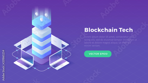Blockchain cryptocurrency transactions concept graphic slider header design vector illustration in isometric style