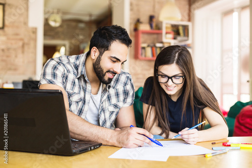 Couple of freelancers, bearded man and brunette girl working with laptop in modern stylish coworking office, teamwork success concept