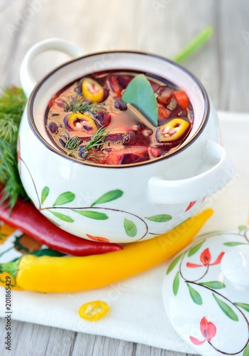 Red soup "borscht" - Russian and Ukrainian ethnic food. 