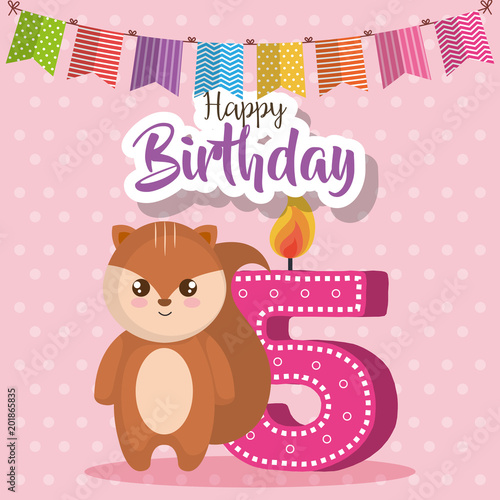 happy birthday card with chipmunk vector illustration design