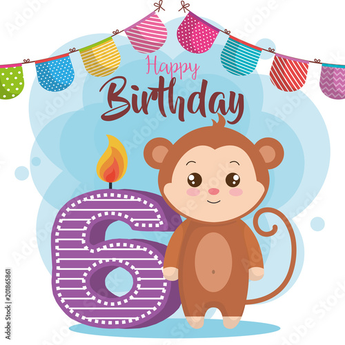 happy birthday card with monkey vector illustration design