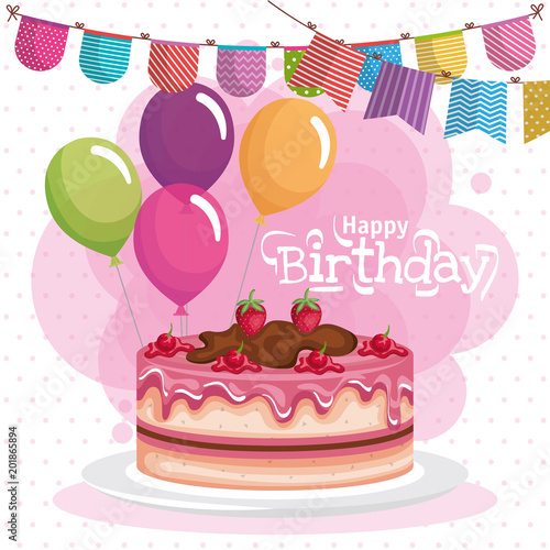 happy birthday cake celebration card vector illustration design