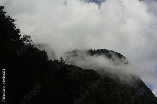 cold misty  foggy clouds on the mountains in the alps in Switzerland  Europe