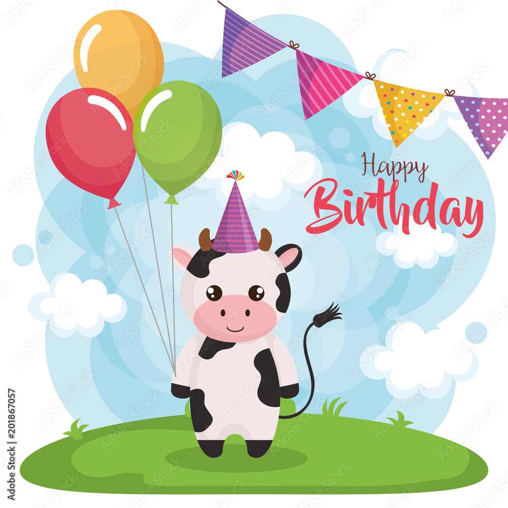 happy birthday card with cow vector illustration design