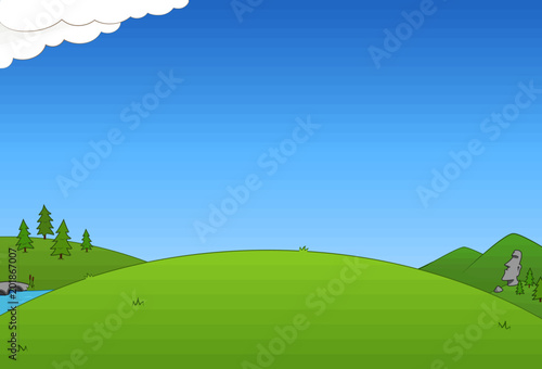 A meadow with a river and a bridge on top of a mountain with trees and an ancient  monument in the background, drawn in cartoon style