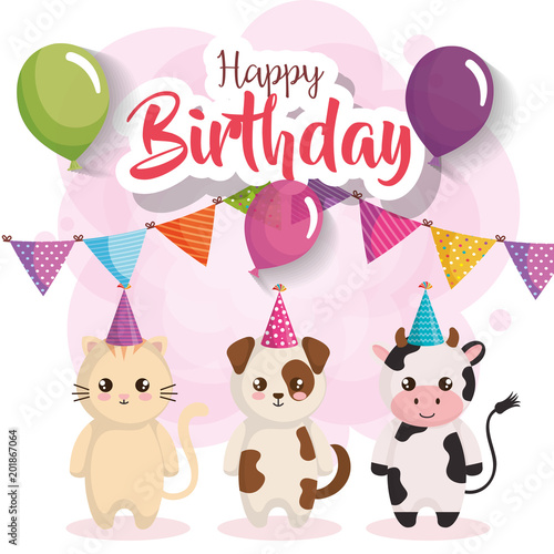 happy birthday card with group of animals vector illustration design