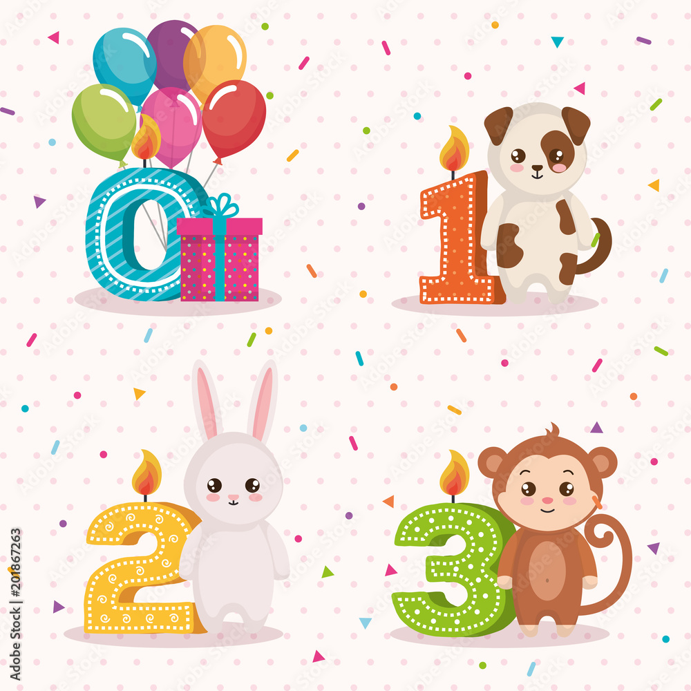 Naklejka premium happy birthday card with group of animals vector illustration design