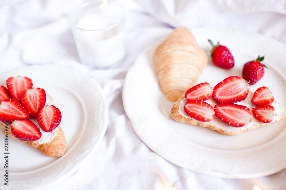 Strawberry cake on plate closeup. Good morning. Strawberry cake on plate closeup. Good morning.