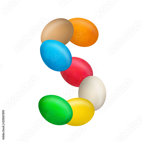 The letter S of the English alphabet is made up of colorful eggs. Isolated. White background. Education