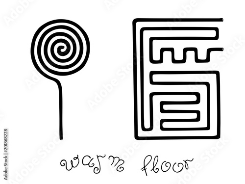 Vector illustration of floor heating systems with hand lettering. Black pipe of warm floor for logo, banner, flyer, label. Radiant Underfloor Heating, Heating Systems, Under Floor Heating System