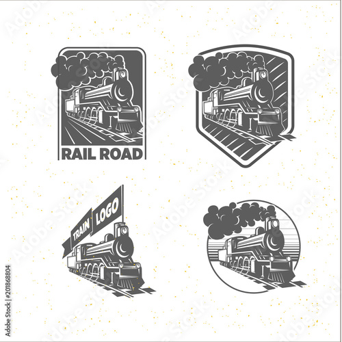 Set of templates with a locomotive. Vintage train, logotypes, illustrations.