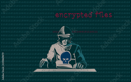 Computer hacker with hoodie stealing data on dark background